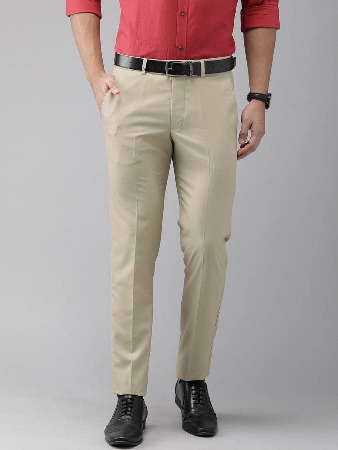 Regular Fit Men Cream Polyester Viscose Blend Trousers