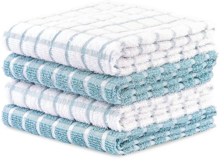 Brittmo 4 Pack Premium Cotton Terry Kitchen Dish Towel Set (40x65 cm - Aqua, Checked Design) |Super Soft and Highly Absorbent|Perfect for Everyday Household & Commercial Use Aqua Napkins