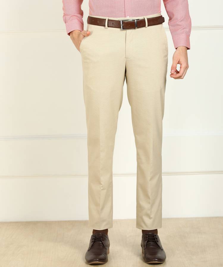 Slim Fit Men Cream Polyester Viscose Blend Trousers