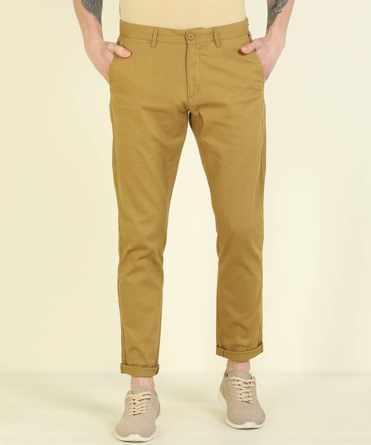 Slim Fit Men Yellow Pure Cotton Trousers