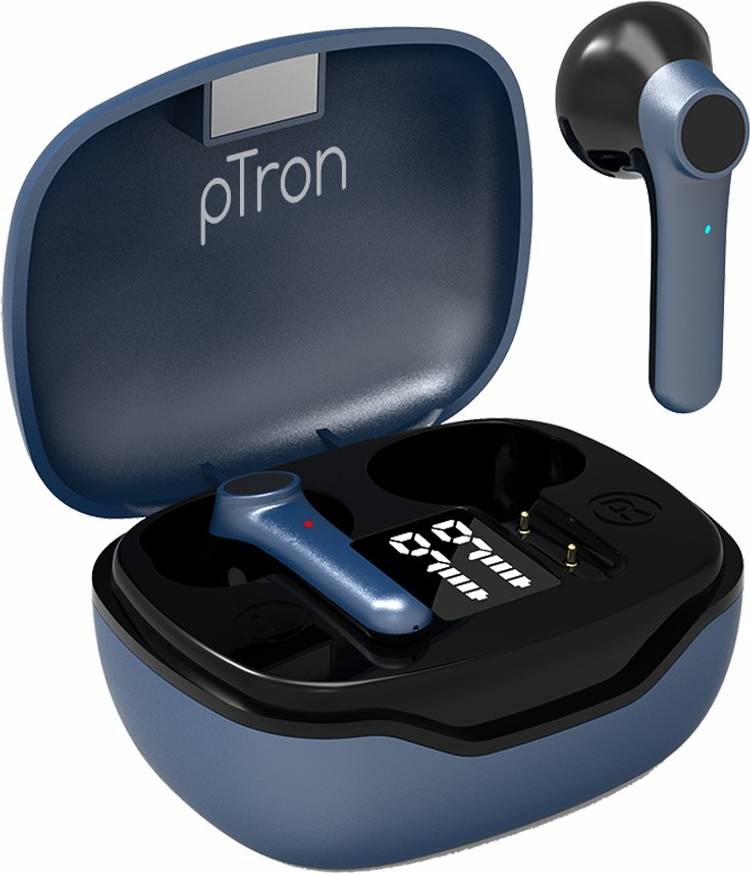 PTron Basspods 281 In-Ear True Wireless Bluetooth 5.1 Headphones with Deep Bass, Touch Control, IPX4 Sweat/Water-Resistant, Stereo Calling & Passive Noise Canceling Earbuds (Black/Blue) Bluetooth Headset