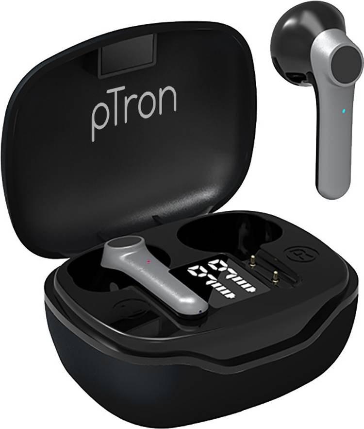 PTron Basspods 281 In-Ear True Wireless Bluetooth 5.1 Headphones with Deep Bass, Touch Control, IPX4 Sweat/Water-Resistant, Stereo Calling & Passive Noise Canceling Earbuds (Black/Grey) Bluetooth Headset