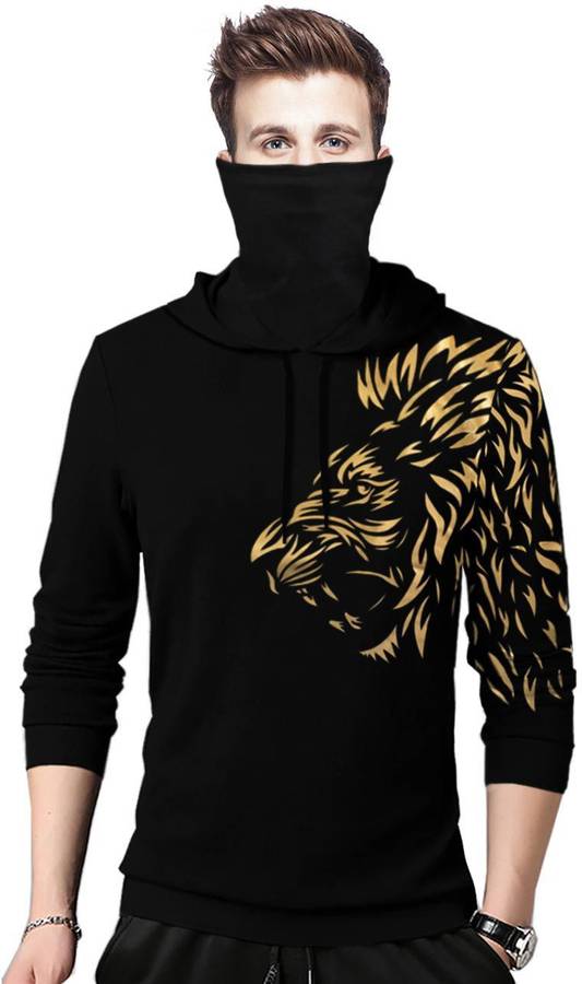 Animal Print Men Hooded Neck Black T-Shirt