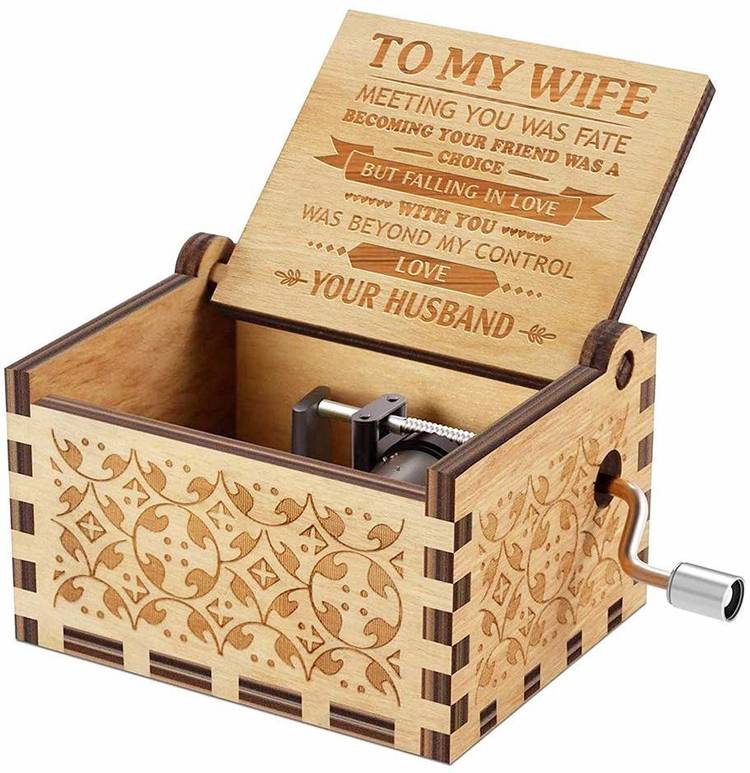 VAAMnational Classic Vintage Black Edition Wooden "TO MY WIFE" theme song Cranked Collectable Engraved Music Box