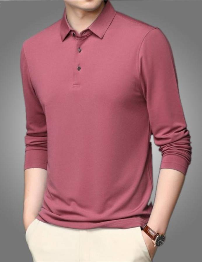 Solid Men Polo Neck Pink T-Shirt Price in India