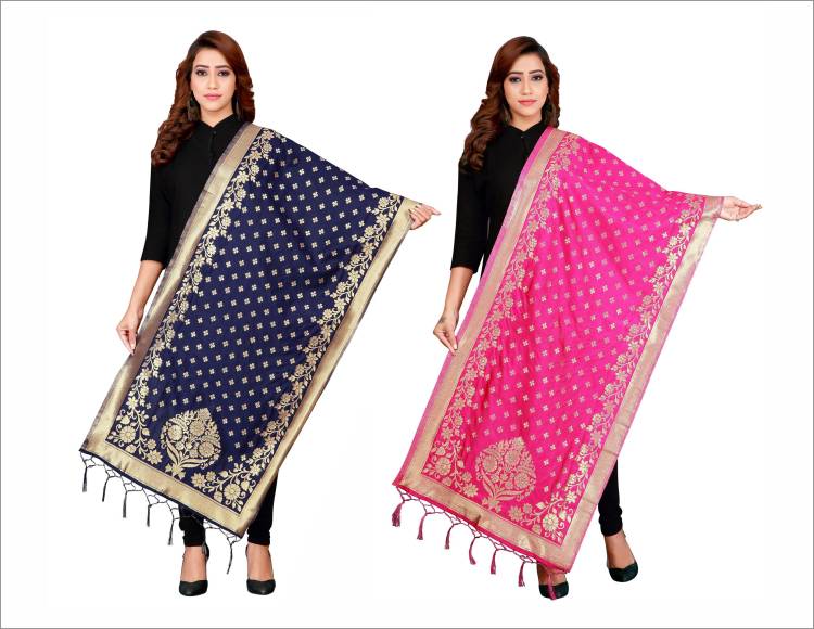 Jacquard, Cotton Silk Self Design, Floral Print Dark Blue, Pink Women Dupatta