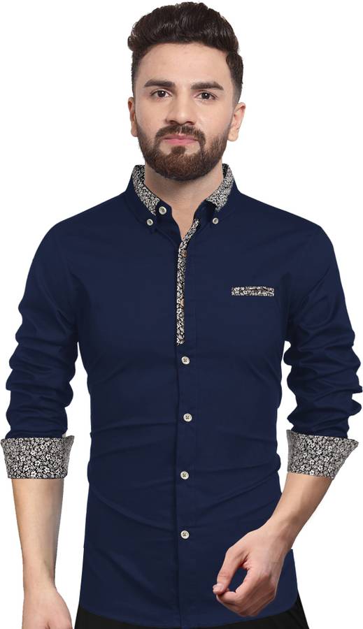 Men Regular Fit Solid, Floral Print Double Collar Collar Casual Shirt