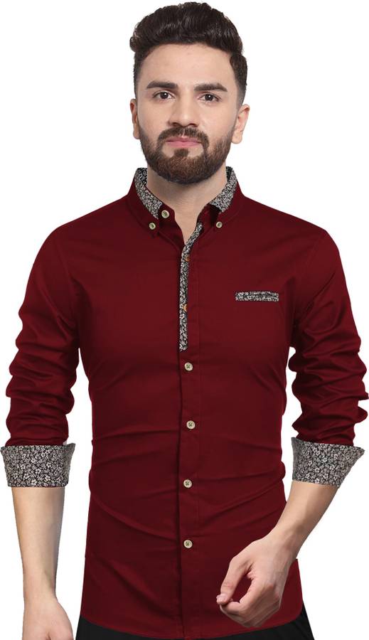 Men Regular Fit Solid, Self Design Slim Collar Casual Shirt