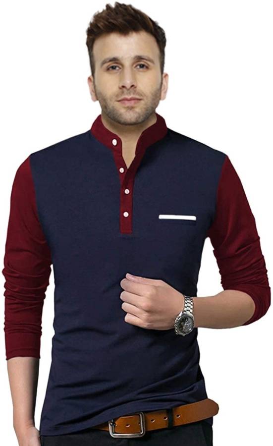 Solid Men Mandarin Collar Dark Blue, Maroon T-Shirt Price in India