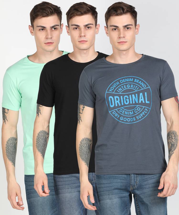 Solid, Printed Men Round Neck Multicolor T-Shirt