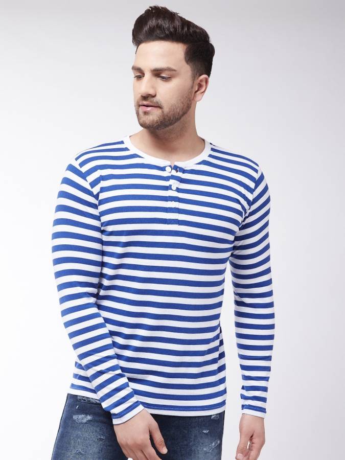 Striped Men Henley Neck Blue, White T-Shirt Price in India