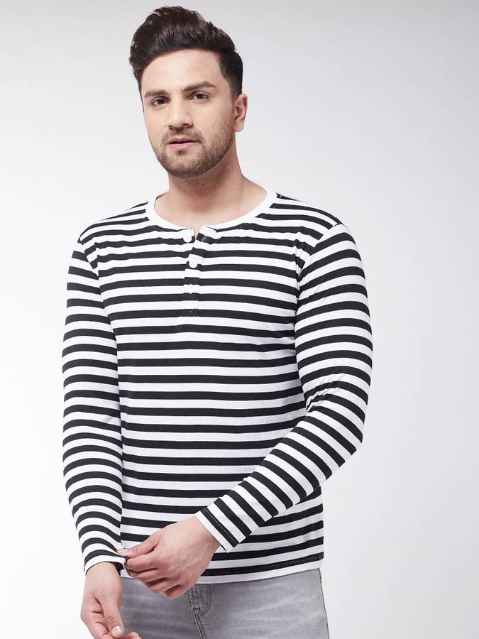 Striped Men Henley Neck White, Black T-Shirt Price in India