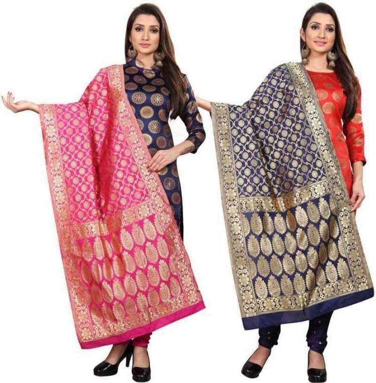 Jacquard Woven Pink, Dark Blue Women Dupatta