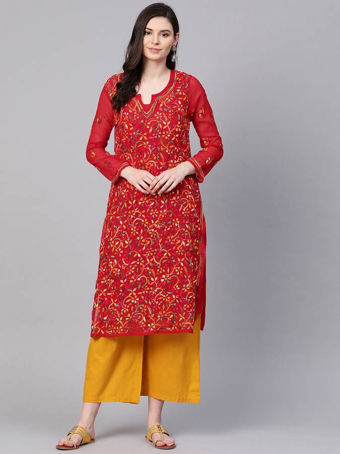 Women Chikan Embroidery Poly Georgette Straight Kurta