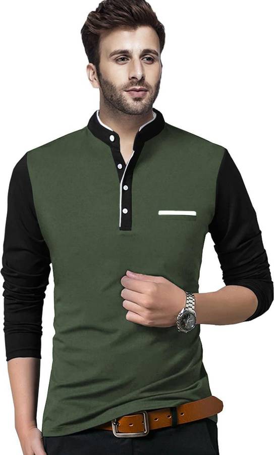 Solid Men Henley Neck Dark Green, Black T-Shirt