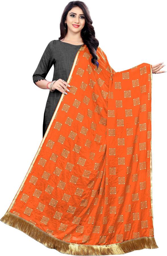 Chiffon Solid, Printed Orange Women Dupatta