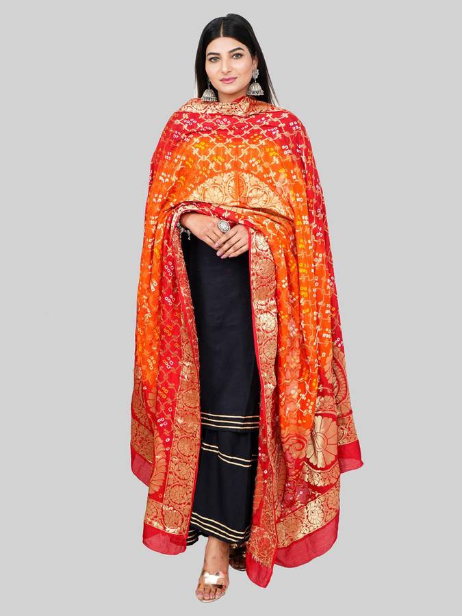 Art Silk Woven Red, Orange Women Dupatta