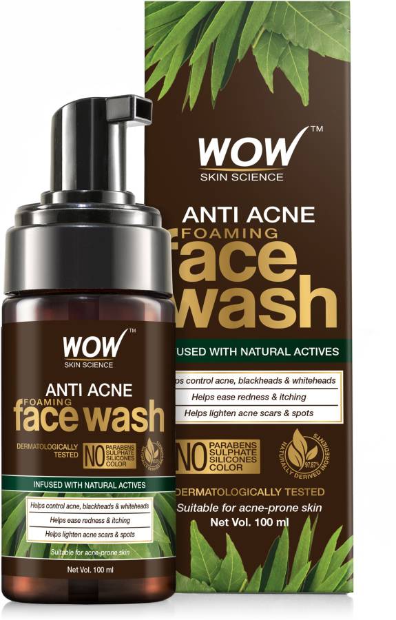 WOW SKIN SCIENCE Anti Acne Foaming  - with Tea Tree Essential Oil - for Controlling Acne, Blackheads - No Parabens, Sulphate, Silicones & Color - 100mL Face Wash Price in India