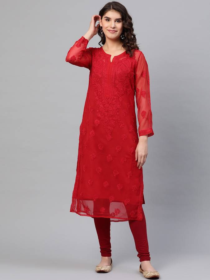 Women Chikan Embroidery, Embroidered, Paisley Georgette Straight Kurta