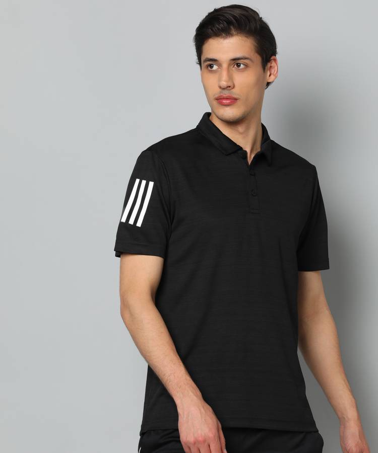 Perforations Men Polo Neck Black T-Shirt