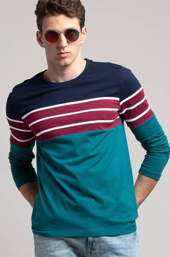 Striped Men Round Neck Blue, Maroon T-Shirt