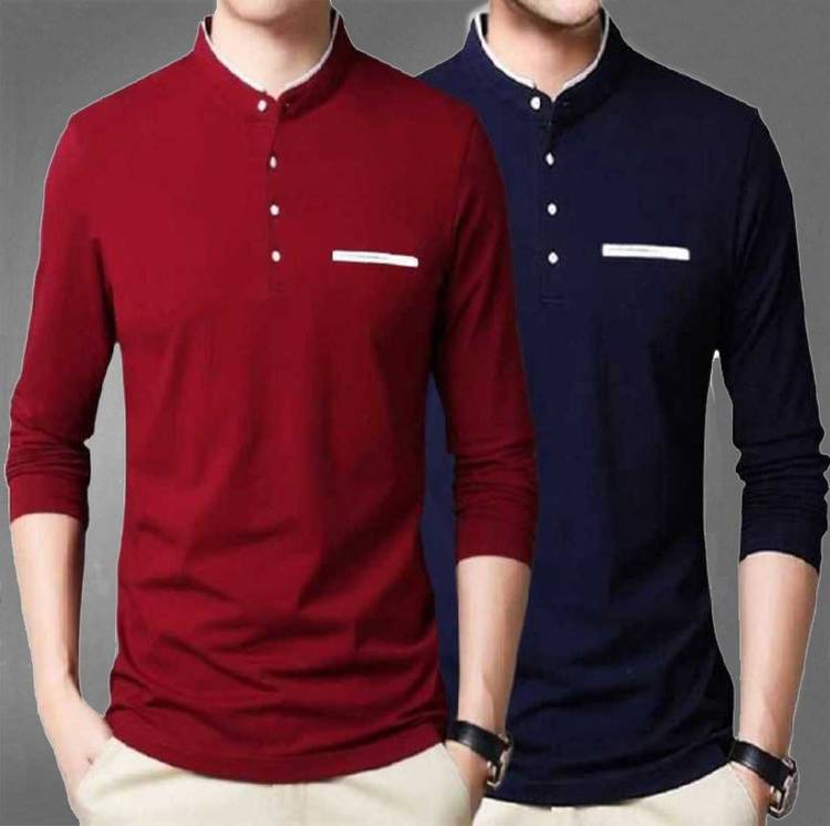 Solid Men Mandarin Collar Maroon, Blue T-Shirt