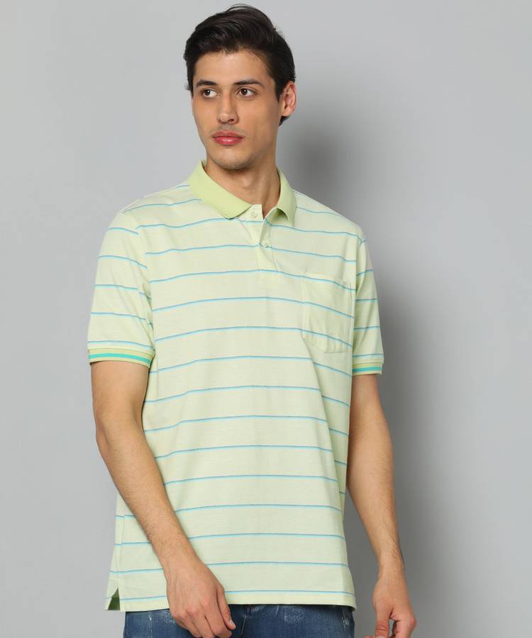 Striped Men Polo Neck Light Green T-Shirt