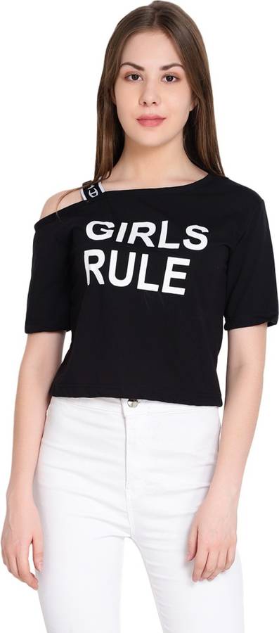 Casual Half Sleeve Printed Women Black Top
