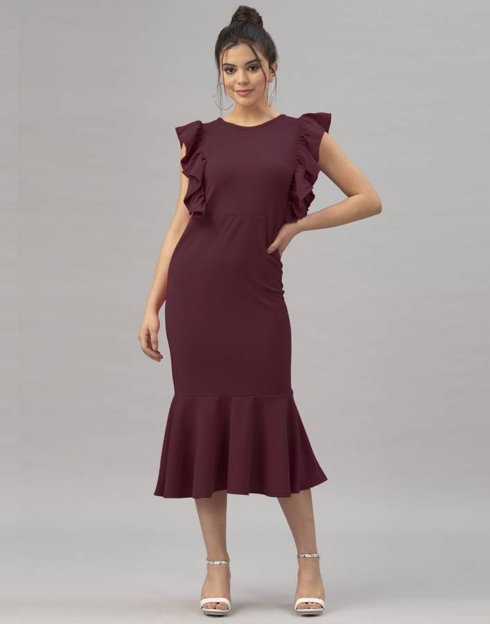 Women Ruffled Brown Dress