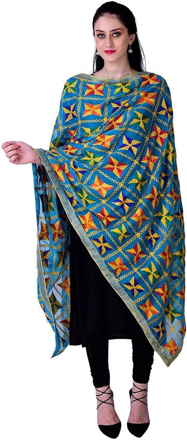 Crepe Chiffon Embroidered Blue, Multicolor Women Dupatta
