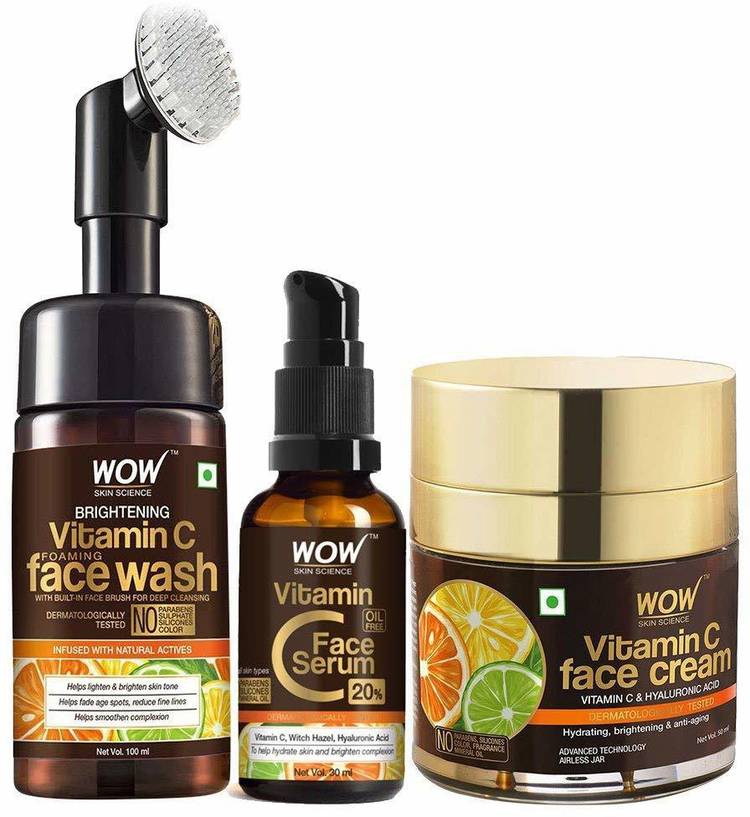 WOW SKIN SCIENCE Vitamin C Face Ultimate 3 Kit with (Vitamin C Face Wash - Built In Brush + Vitamin C Serum + Vitamin Face Cream) - 180mL