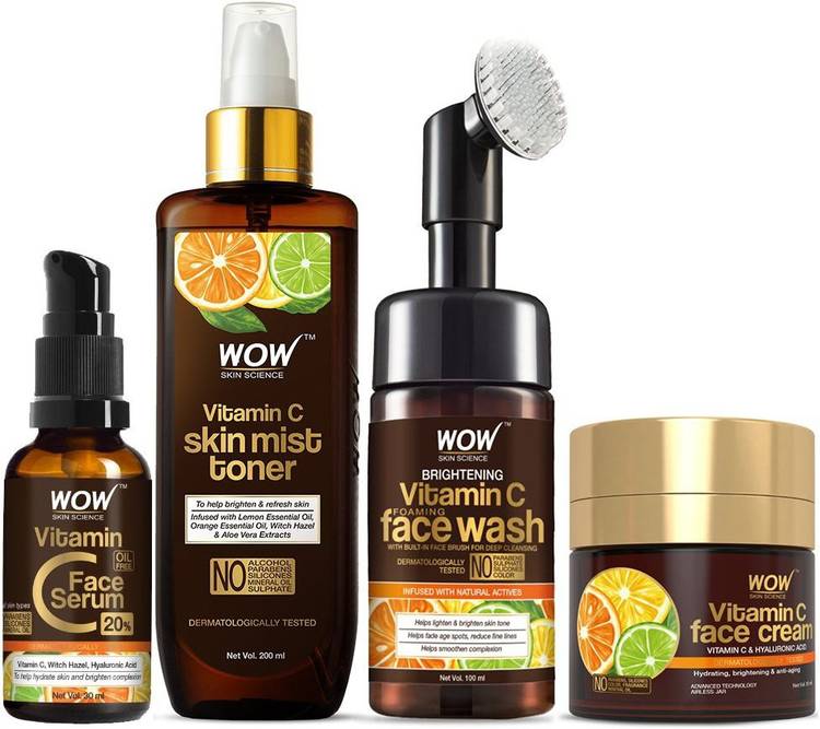 WOW Skin Science Ultimate Vitamin C Skin Care Kit - consists Vitamin C Face Wash brush, Mist Toner, Face Serum, Face Cream - 380mL