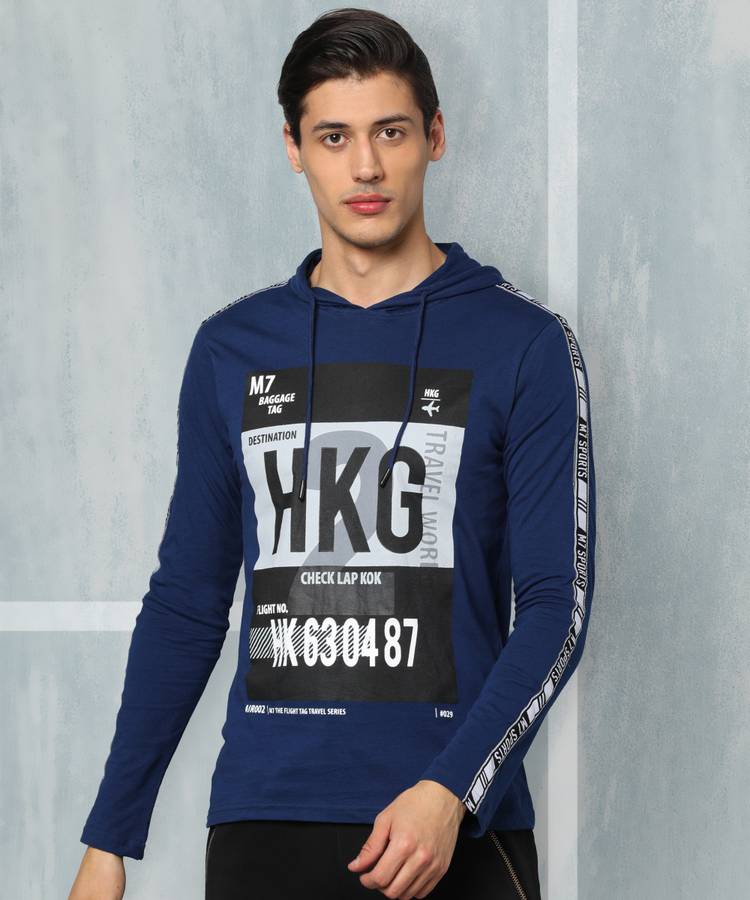 Graphic Print Men Hooded Neck Blue T-Shirt