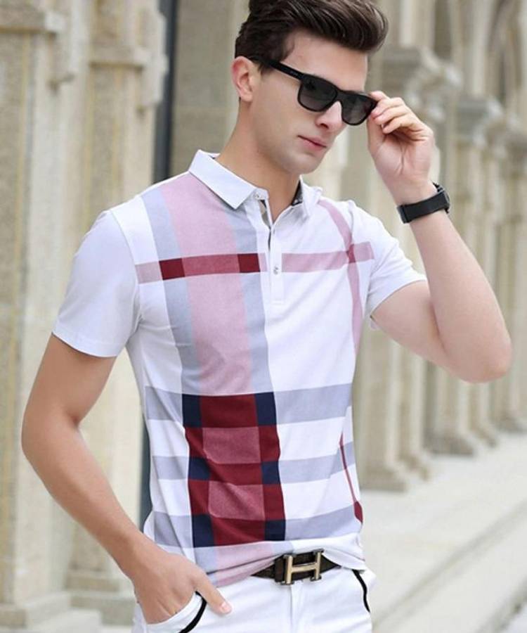 Striped Men Polo Neck White, Purple T-Shirt