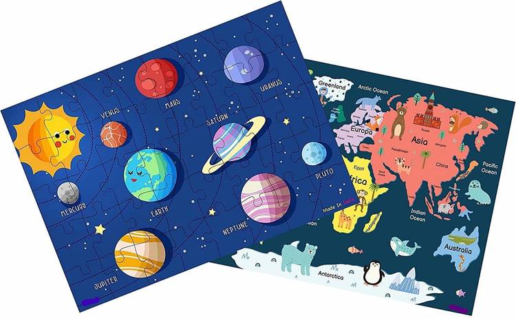 Rage-X 40 Pcs Paperless Wooden Jigsaw Puzzle for Boys & Girls Learning Educational Toy for 4 Years and Above (World Map & Solar System)