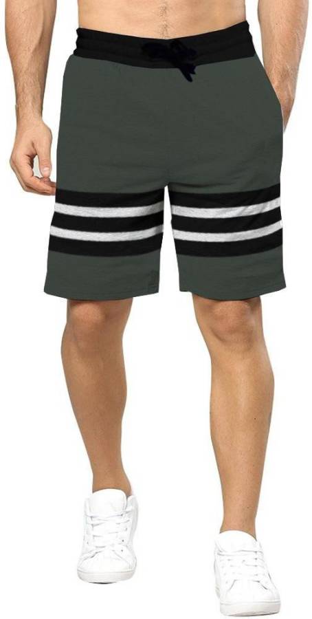 Striped Men Dark Green, Grey Basic Shorts