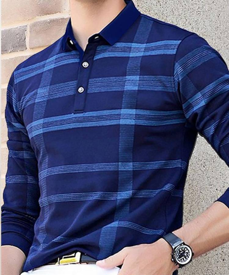 Striped Men Polo Neck Light Blue, Blue T-Shirt Price in India