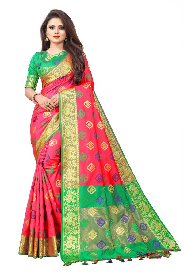 Woven, Embroidered, Checkered Banarasi Cotton Silk, Jacquard Saree