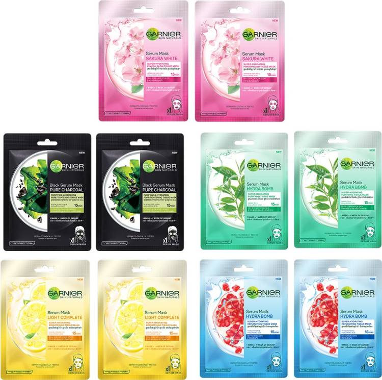GARNIER Skin Naturals Face Serum Sheet Mask Pack of 10 (2 each of Light Complete, Charcoal, Saruka, Green Tea and Hydrabomb) Price in India