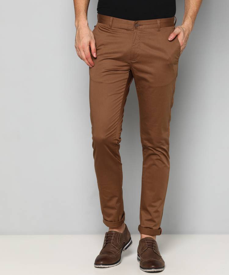 Skinny Fit Men Khaki Cotton Blend Trousers