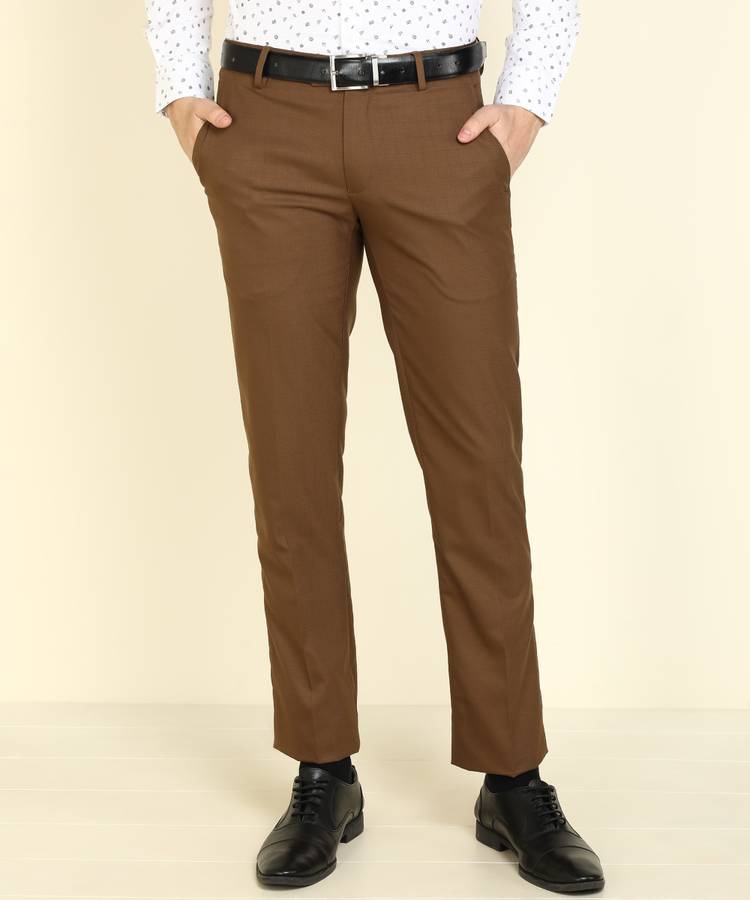 Slim Fit Men Khaki Polyester Viscose Blend Trousers