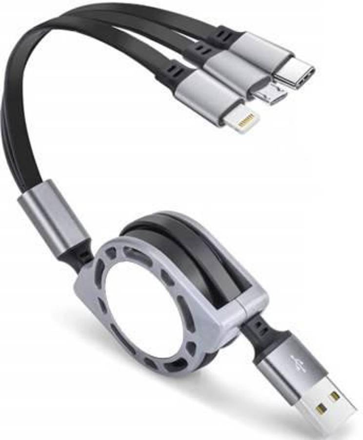 RAKRISH 3-in-1 Retractable USB Charging Cable Multi-Device Fast Charger Cord with Micro USB / Lightning / Type C 1.2 m Micro USB Cable