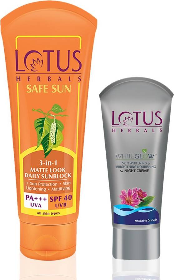 LOTUS HERBALS Combo Pack - Safe Sun Matte Look Sunblock SPF-40 PA+++ & Whiteglow Skin Whitening & Brightening Night Crme Price in India