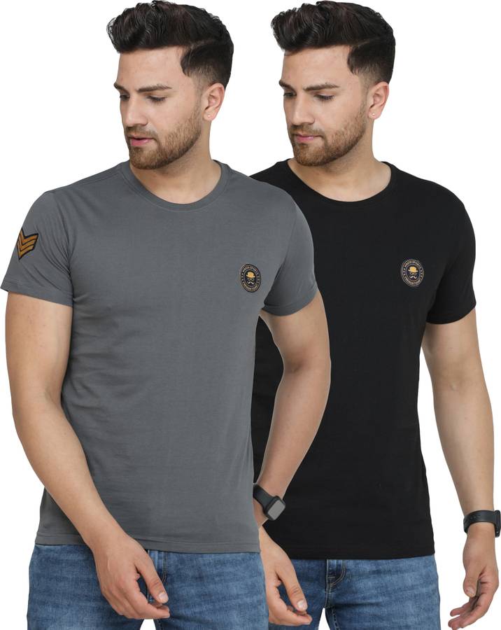 Solid Men Round Neck Grey, Black T-Shirt