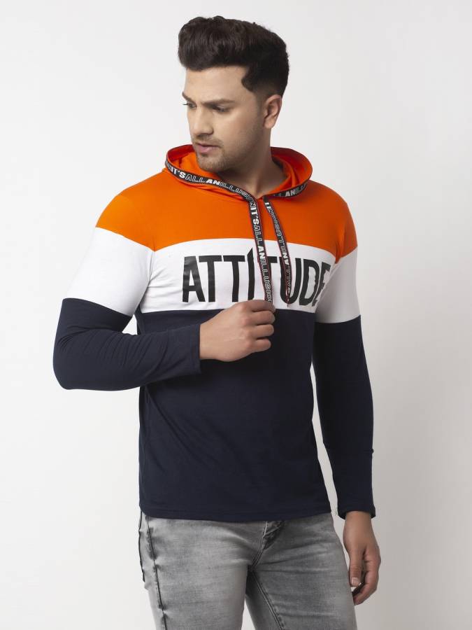 Printed Men Hooded Neck Orange T-Shirt