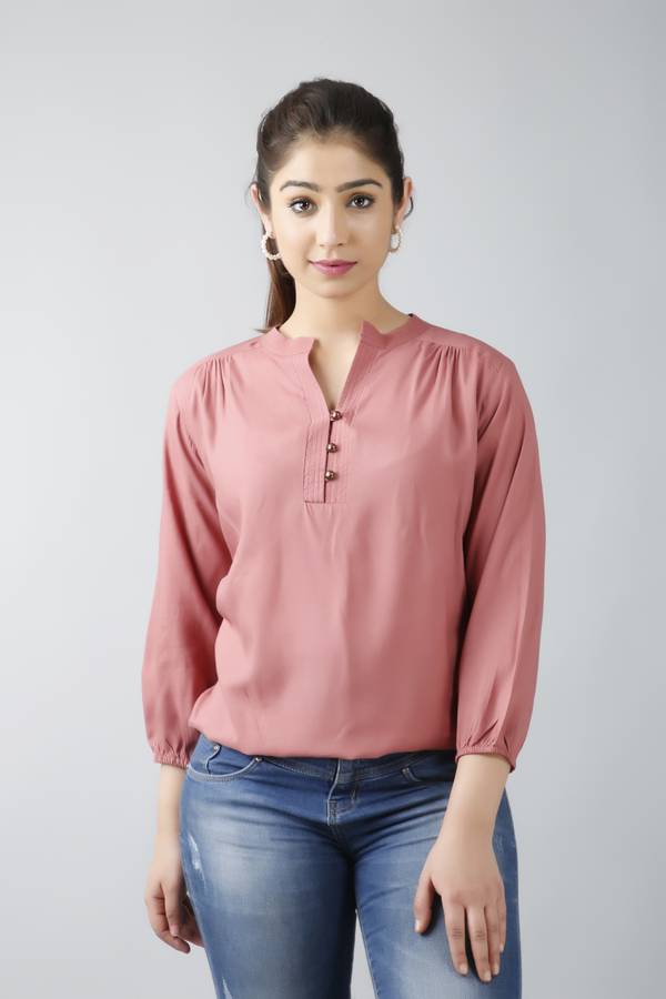 Casual 3/4 Sleeve Solid Women Pink Top