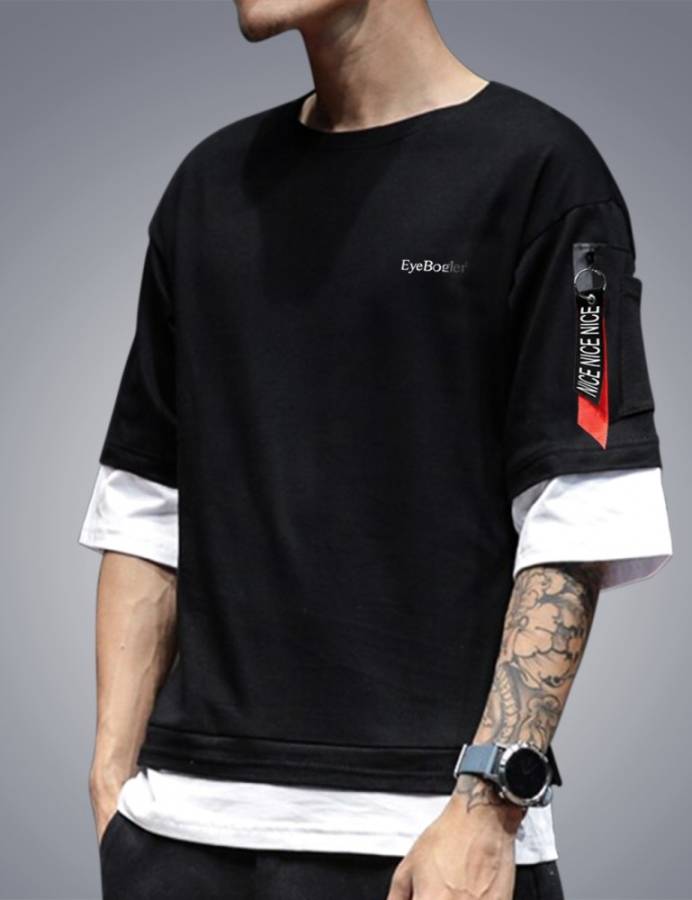 Self Design Men Round Neck Black T-Shirt Price in India