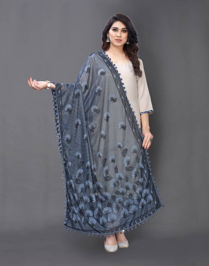 Lycra Blend Embellished, Woven Grey Women Dupatta