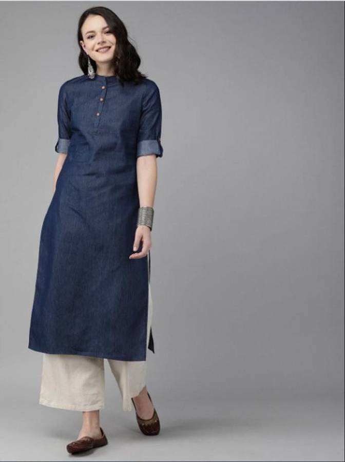 Women Solid Denim Straight Kurta Price in India