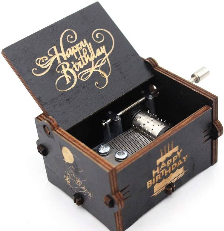 EITHEO Wooden Hand Cranked Collectable Engraved Musical Box (Happy Birthday Black)